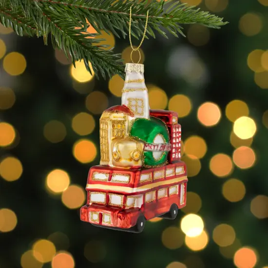 Northlight Merry Christmas Double Decker Tour Bus Glass Ornament - 4.5" - Gold and Red {3}