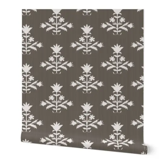 Peel & Stick Wallpaper 2FT Wide Block Print Floral Tulip Traditional Bohemian Ikat Gray Brown Neutral Custom Removable Wallpaper by Spoonflower {7}