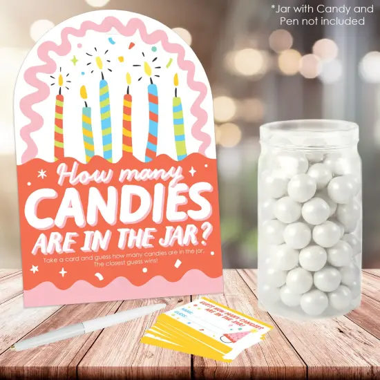 Big Dot of Happiness Party Time - How Many Candies Happy Birthday Party Game - 1 Stand and 40 Cards - Candy Guessing Game {3}