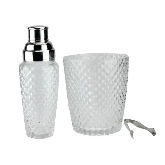 Wild Eye Set of 3 Diamond Cut Handcrafted Clear Cocktail Shaker with Bucket and Tong 9.5" Silver {1}