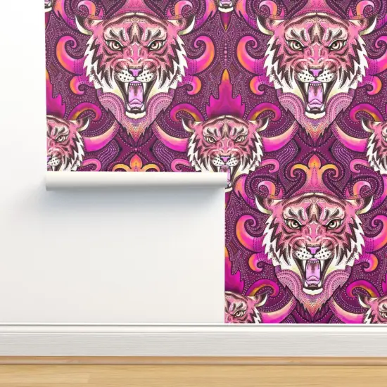 Peel & Stick Wallpaper 2FT Wide Pink Tigers Purple Orange Maximalist Xl Jungle Custom Removable Wallpaper by Spoonflower {2}