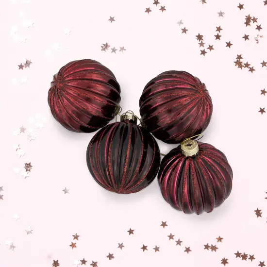 Northlight Ribbed Glittered Glass Ball Christmas Ornaments - 3" (75mm) - Maroon - 4ct Red {3}
