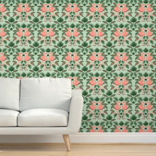 Pre-Pasted Wallpaper 2FT Wide Flamingo Palm Leaves Green Pink Tropics Island Custom Pre-pasted Wallpaper by Spoonflower {5}