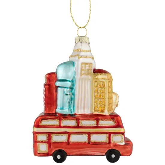 Northlight Merry Christmas Double Decker Tour Bus Glass Ornament - 4.5" - Gold and Red {6}