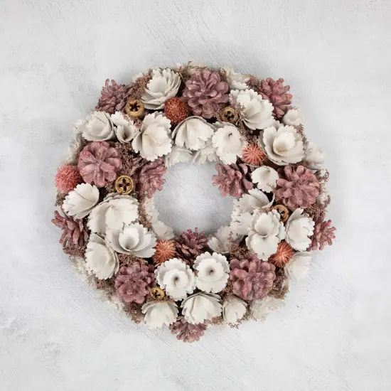 Northlight 13" White and Pink Wooden Floral Christmas Wreath with Pinecones {4}
