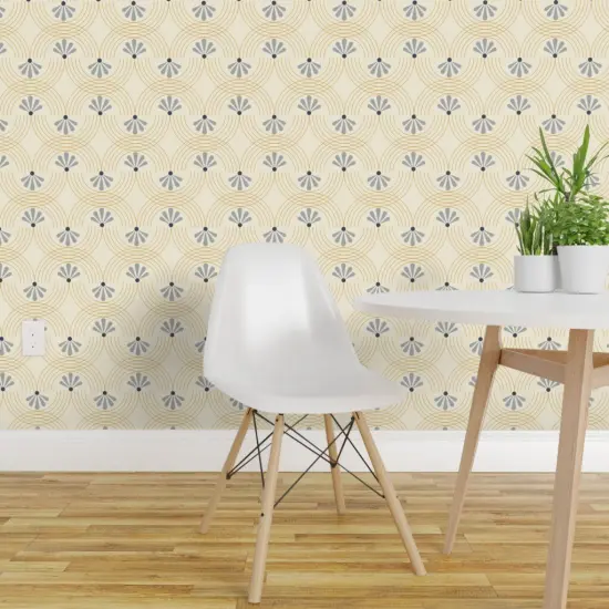 Pre-Pasted Wallpaper 2FT Wide Retro Floral Yellow Swirls Blue Gray Deco Flowers Custom Pre-pasted Wallpaper by Spoonflower {1}
