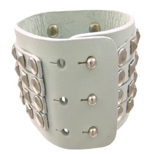 Gray Leather 4 Row Chrome Pyramid Stud Wristband {3}