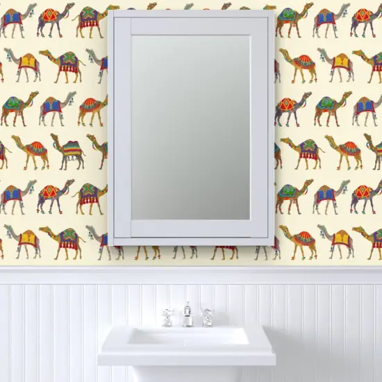 Pre-Pasted Wallpaper 2FT Wide Exotic Desert Animal Camel Pom Poms Tassels Whimsical Maximalist Colorful Custom Pre-pasted Wallpaper by Spoonflower {6}