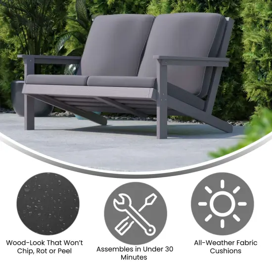 Merrick Lane Riviera All-Weather Poly Resin Wood Adirondack Style Deep Seat Patio Loveseat with Cushions Gray {2}