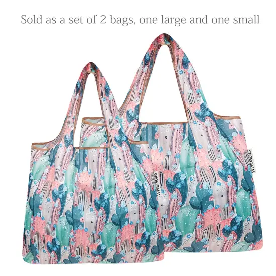 Wrapables Large & Small Foldable Tote Nylon Reusable Grocery Bags, Set of 2 Colorful Cacti {3}