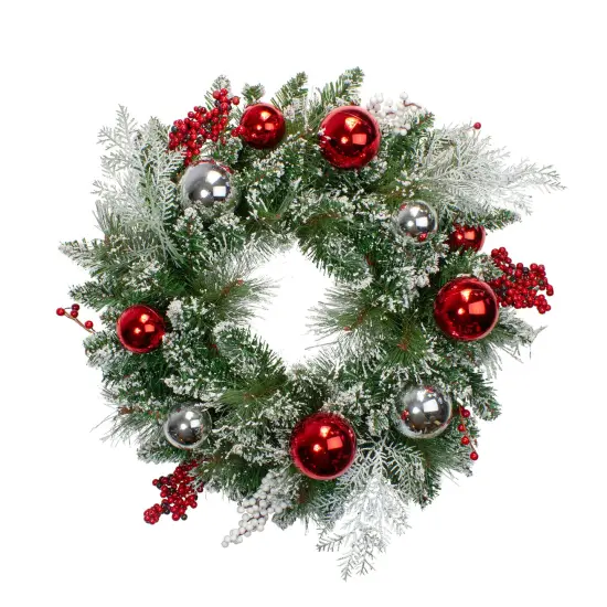 Northlight Flocked Mixed Pine with Ornaments Artificial Christmas Wreath - 24" - Unlit Green {1}