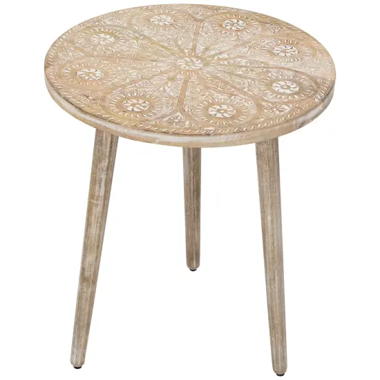 Northlight 22" Brushed White Engraved Floral Round Tri Leg Wooden Side Table Beige {4}