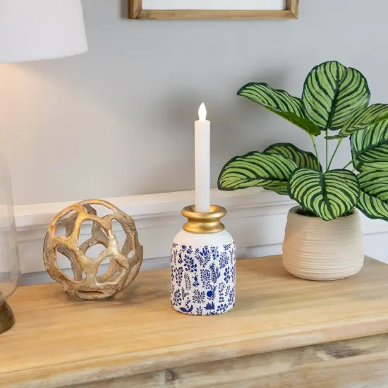 Northlight Wooden Floral Taper Candle Holder - 6"- White and Blue {3}