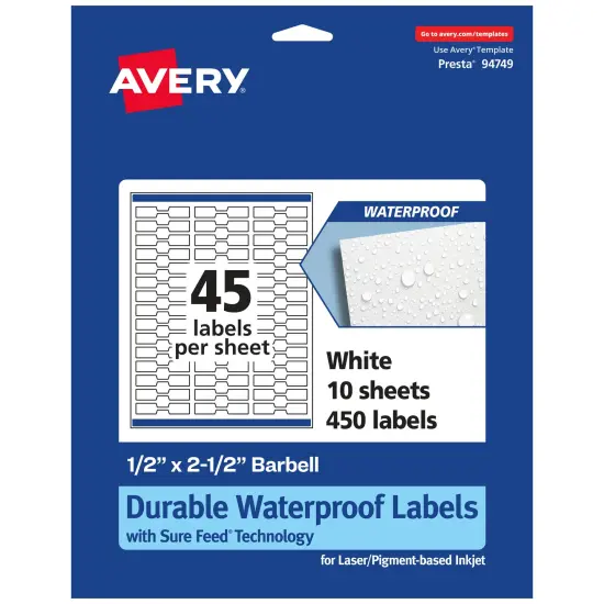 Avery Durable Waterproof Barbell Labels with Sure Feed, 1/2" x 2.5" {7}