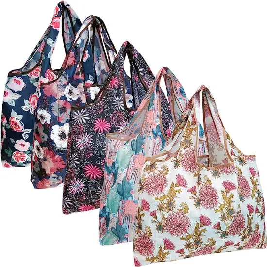 Wrapables Large Foldable Tote Nylon Reusable Grocery Bags, 5 Pack Amazing Bloom {1}