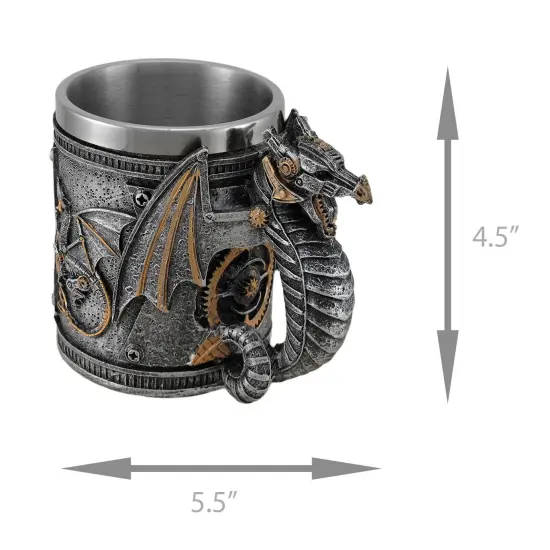 Steampunk Geared Dragon Stainless Steel Lined Silvered Tankard {5}