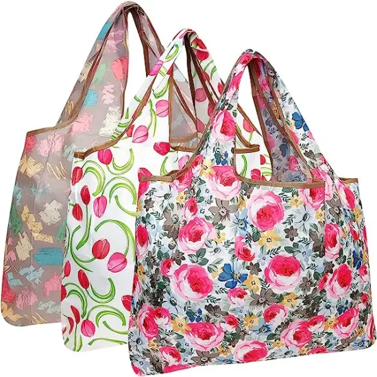 Wrapables Large Foldable Tote Nylon Reusable Grocery Bag, 3 Pack Floral Brights {1}
