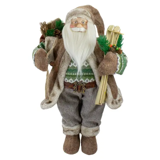 Northlight 18" Standing Santa Christmas Figure Carrying Presents and Skis Brown {1}