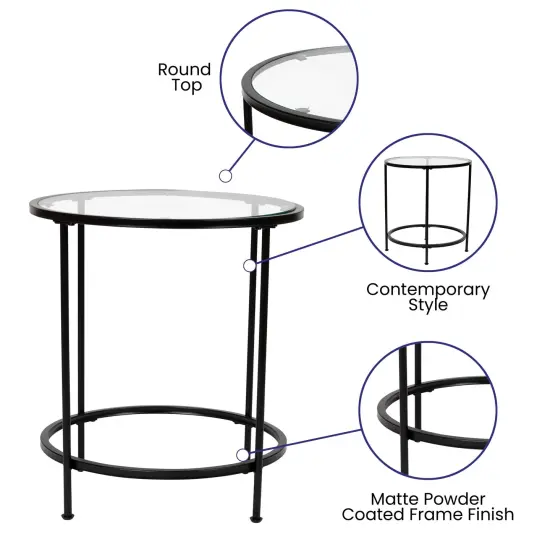 Merrick Lane Newbury End Table with Round Frame and Vertical Legs Clear/Matte Black {2}