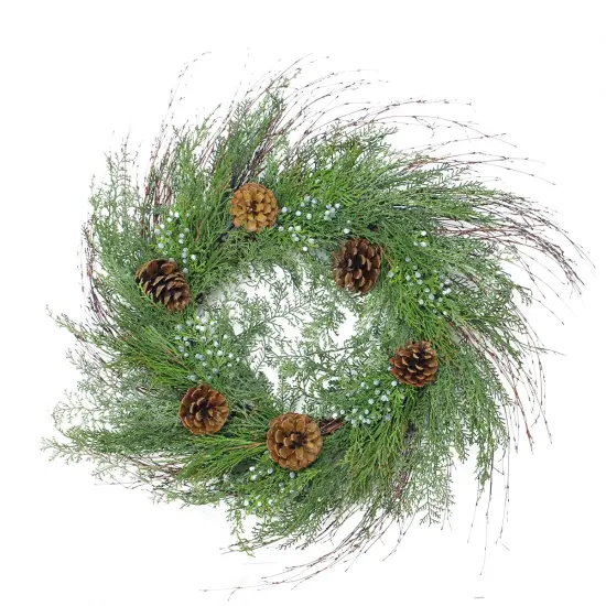 Arett Sales Mixed Cedar Pine Cone and Juniper Berry Artificial Christmas Wreath - 30" - Unlit Green {1}