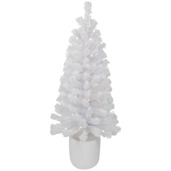 Northlight 3.5' Pre-Lit Potted Flocked Winter Pine White Tinsel Artificial Christmas Tree, Clear Lights Green {1}