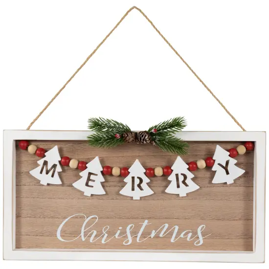 Northlight 15.75" Framed Rustic "Merry Christmas" Beaded Wooden Wall Sign Beige {1}