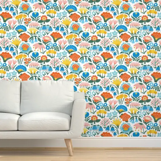 Peel & Stick Wallpaper 2FT Wide Scandinavian Floral Folk Flowers Pink Yellow Blue Garden Botanical Vintage Retro Midcentury Modern Custom Removable Wallpaper by Spoonflower {5}
