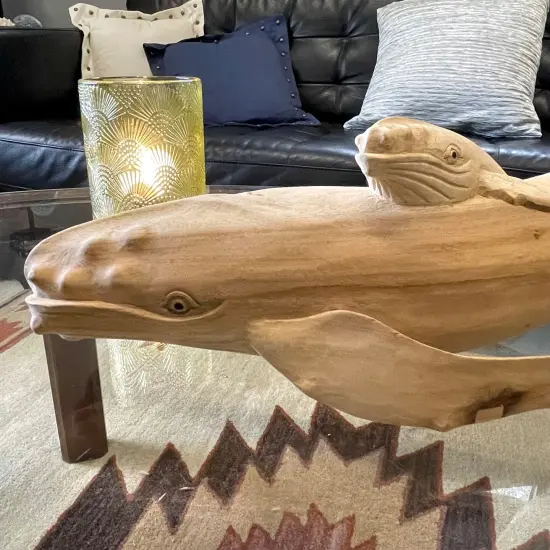 Beautiful Carved Teak Wood Humpback Whale and Baby Tabletop Statue 20 Inch {6}