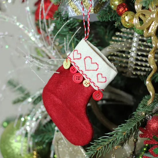 Roman 6.5" Red and Tan Embroidered Hearts and Buttons Christmas Stocking Ornament {3}