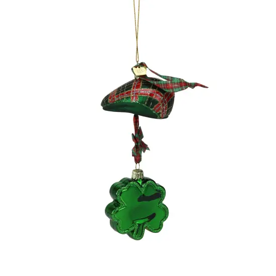 Kurt Adler 9" Noble Gems Luck of the Irish Glittered Glass Plaid Cap with Shamrock Christmas Ornament Green {3}