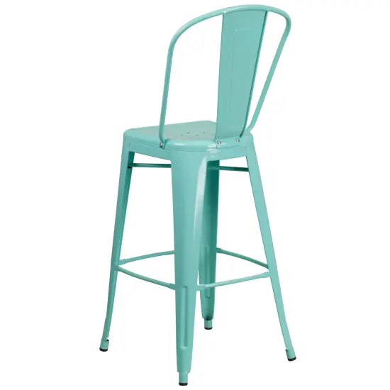 Merrick Lane Sabine Metal Indoor-Outdoor Barstool with Vertical Slat Back and Integrated Footrest Mint Green {4}