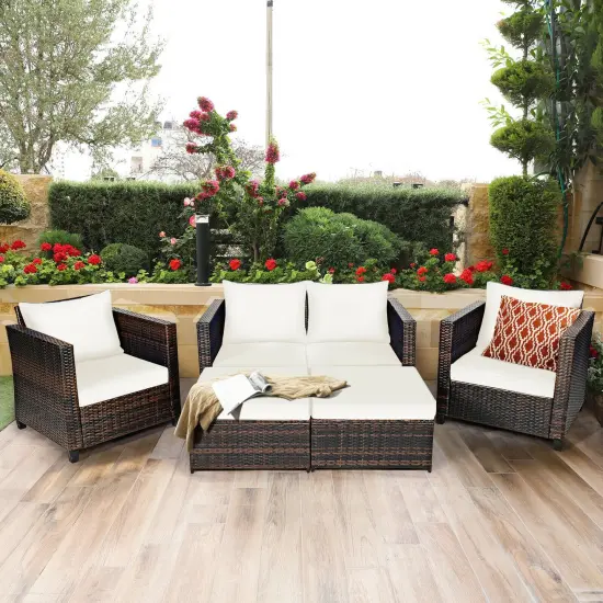5 Pieces Patio Cushioned Rattan Furniture Set White {6}