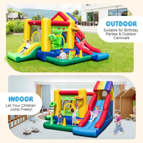 Costway Colorful Rainbow Kids Inflatable Bounce Castle with 50 Ocean Balls & 735W Blower {4}