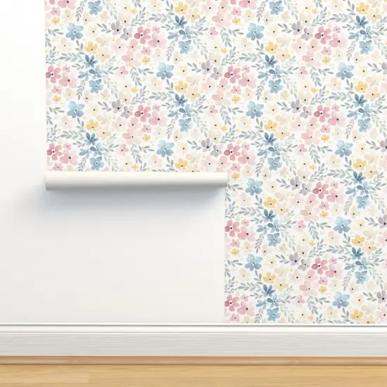 Peel & Stick Wallpaper 2FT Wide Whimsical Floral Watercolor Flowers Nature Botanical Pink Blue Pastel Spring Custom Removable Wallpaper by Spoonflower {2}