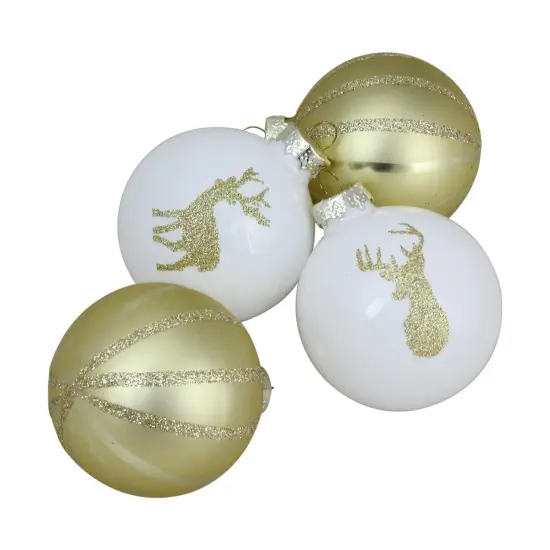 Northlight Reindeer and Striped Christmas Glass Ball Ornaments - 2.75" (69mm) - Gold and White - 4pc {4}