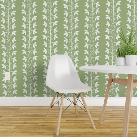 Pre-Pasted Wallpaper 2FT Wide Botanical Stripe Grass Green Simple Traditional Leaves Custom Pre-pasted Wallpaper by Spoonflower {1}