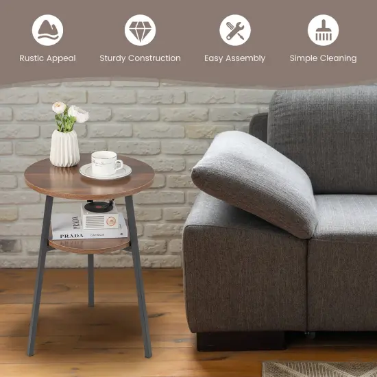 Costway 2PCS 2-Tier Bedside End Table Round Nightstand for Bedroom Living Room Brown/Walnut {4}