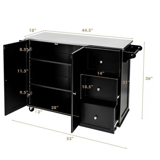Kitchen Island 2-Door Storage Cabinet with Drawers and Stainless Steel Top Black {4}