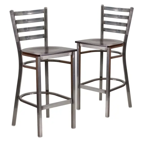 Emma and Oliver 2 Pack Clear Coated Ladder Back Metal Restaurant Barstool WalnutWood/ClearCoat {2}