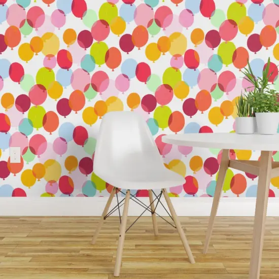 Peel & Stick Wallpaper 2FT Wide Bright Balloons Birthday Party Colorful Happy Orange Red Pink Custom Removable Wallpaper by Spoonflower {1}