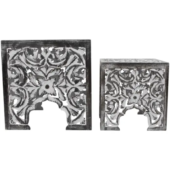Northlight Set of 2 Antique Gray and Black Square Stackable Nesting Side Table and Stool 16" {4}