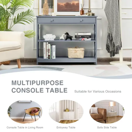 Console Table 3-Tier with Drawer and Storage Shelves Grey {5}