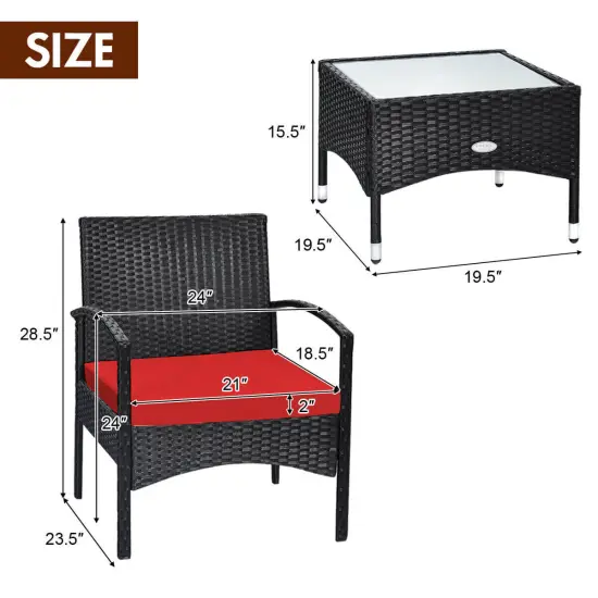 3 Pieces Patio Wicker Rattan Furniture Set with Cushion for Lawn Backyard Red {4}