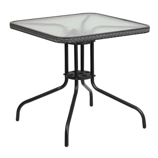 Emma and Oliver 28" Square Tempered Glass Metal Table with Rattan Edging Clear/Gray Rattan {1}