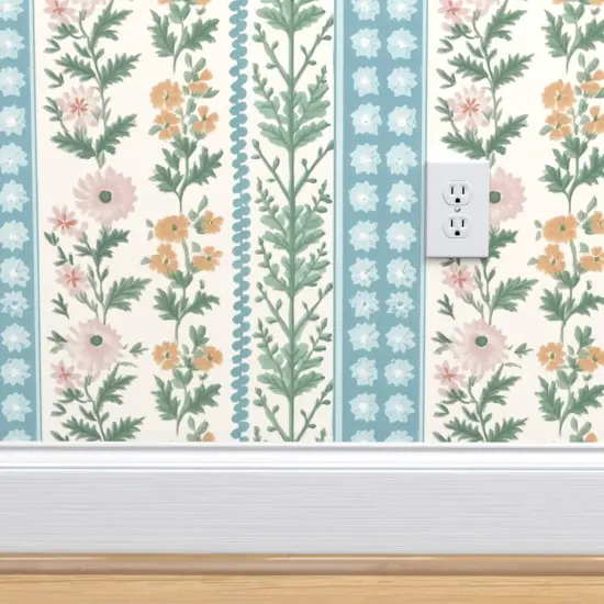 Peel & Stick Wallpaper 2FT Wide Floral Stripes Pink Green Blue Botanical Flowers Custom Removable Wallpaper by Spoonflower {4}