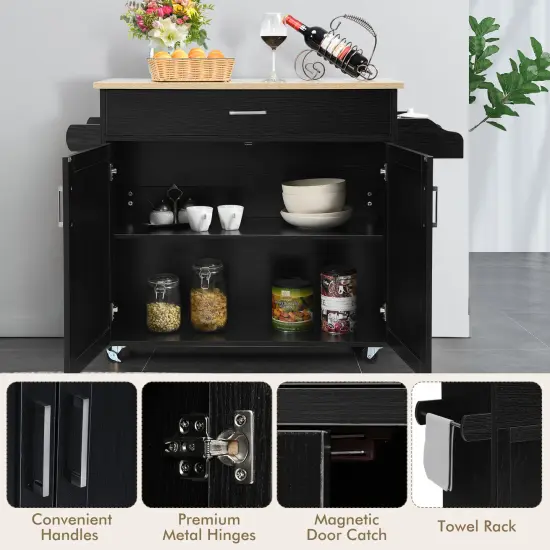 Rolling Kitchen Island Cart with Towel and Spice Rack Black {5}