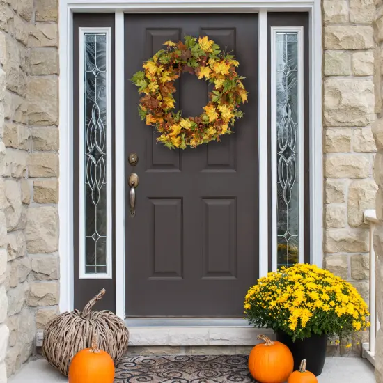 Northlight Maple Leaves and Berries Artificial Twig Fall Harvest Wreath - 30" Yellow {1}