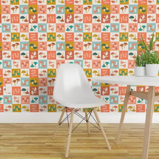 Pre-Pasted Wallpaper 2FT Wide Checkerboard Mushrooms Orange Blue Shrooms Toadstools Nature Botanical Whimsical Custom Pre-pasted Wallpaper by Spoonflower {1}