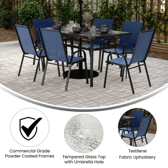 Merrick Lane Bardwell 7 Piece Outdoor Dining Table Set for 6 with Glass-Top Patio Table and 6 Stack Chairs with Flex Comfort Material Navy {2}