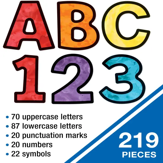 Carson Dellosa 219-Piece Watercolor Cutout Letters, 4" Colorful Upper and Lowercase Alphabet, Numbers, Punctuation, and Symbols for Bulletin Board, Posterboard, Party, and Classroom Decor {4}